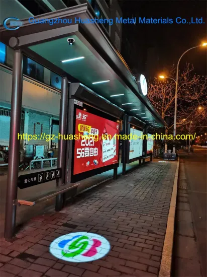 Abris d'arrêt de bus en verre Huasheng Fabricants d'abris d'arrêt de bus en métal de Chine Arrêt de bus d'abri d'arrêt solaire avec caissons lumineux publicitaires à lumière solaire